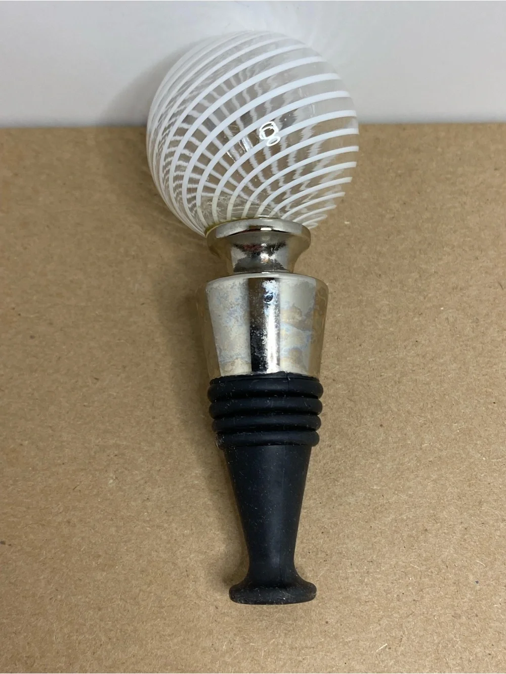 Murano Art Glass Bottle Stopper White Spiral Swirl Made In Italy Wine Decanter